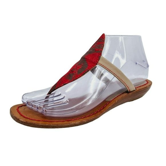 Gucci Vintage Sandal 38 8 Red Tan Leather Thong Knight Crest Slip On Snake Print - Picture 1 of 15